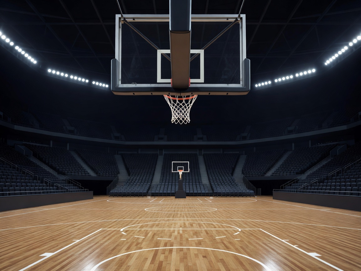 A professional basketball hoop and backboard viewed from the baseline of an empty arena