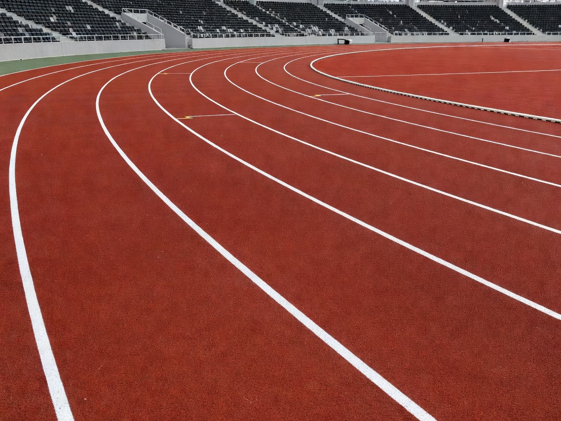The curved lanes of an athletic running track extending toward open stadium stands