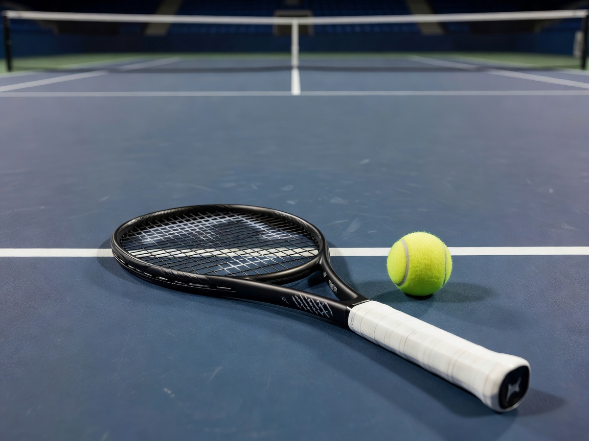 A professional tennis racquet resting beside a ball on an indoor hard court surface